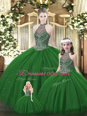 Dark Green Lace Up Halter Top Beading 15th Birthday Dress Tulle Sleeveless