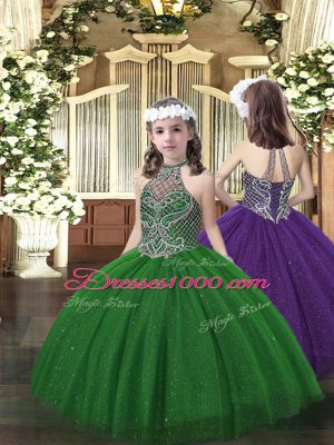 Dark Green Lace Up Halter Top Beading 15th Birthday Dress Tulle Sleeveless