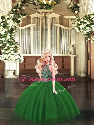 Dark Green Lace Up Halter Top Beading 15th Birthday Dress Tulle Sleeveless