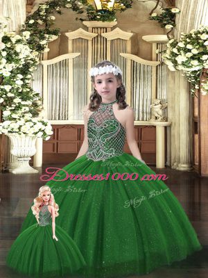 Dark Green Lace Up Halter Top Beading 15th Birthday Dress Tulle Sleeveless