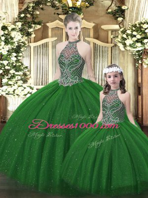 Dark Green Lace Up Halter Top Beading 15th Birthday Dress Tulle Sleeveless