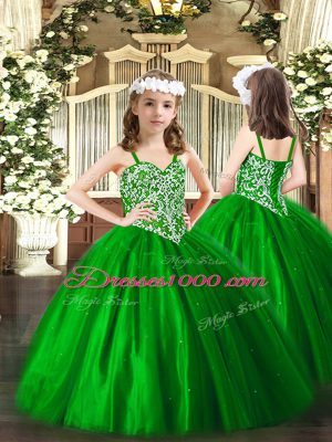 Perfect Ball Gowns High School Pageant Dress Green Straps Tulle Sleeveless Floor Length Lace Up