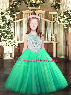 Lovely Turquoise Sleeveless Tulle Zipper Kids Pageant Dress for Party and Quinceanera