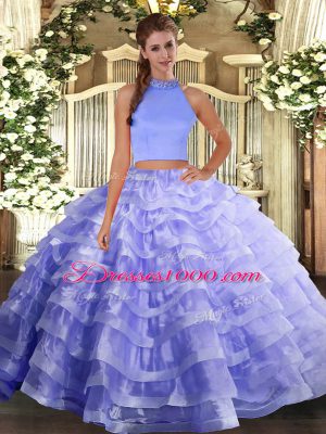 Halter Top Sleeveless Organza Quince Ball Gowns Beading and Ruffled Layers Backless