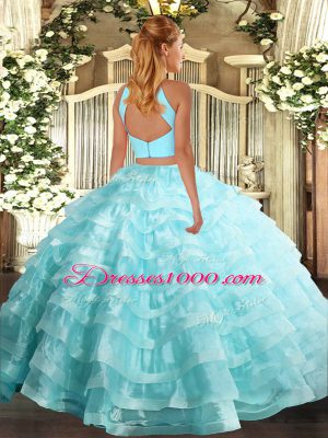 Halter Top Sleeveless Organza Quince Ball Gowns Beading and Ruffled Layers Backless