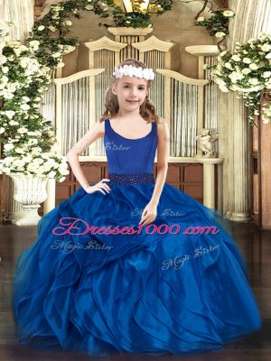 Cute Blue Sleeveless Beading and Ruffles Floor Length Little Girls Pageant Dress