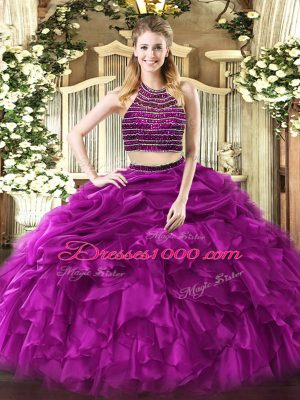 Custom Fit Fuchsia Tulle Zipper Halter Top Sleeveless Floor Length Ball Gown Prom Dress Beading and Ruffles