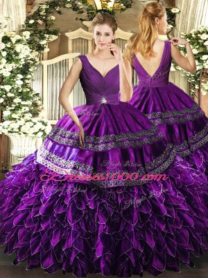 Suitable Eggplant Purple Backless V-neck Beading and Ruffles and Ruching 15 Quinceanera Dress Organza Sleeveless