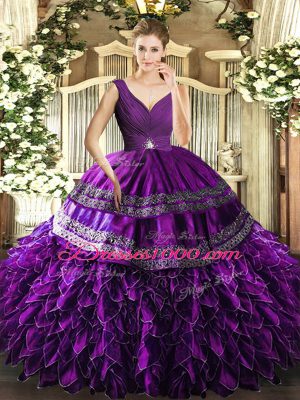 Suitable Eggplant Purple Backless V-neck Beading and Ruffles and Ruching 15 Quinceanera Dress Organza Sleeveless