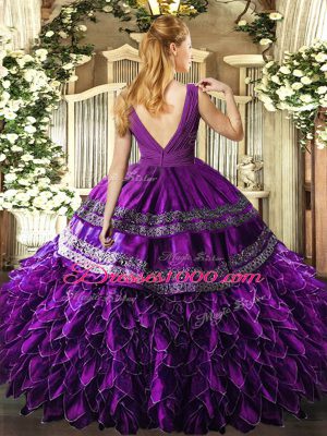 Suitable Eggplant Purple Backless V-neck Beading and Ruffles and Ruching 15 Quinceanera Dress Organza Sleeveless