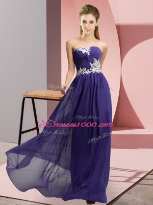 Trendy Purple Empire Appliques Homecoming Dress Lace Up Chiffon Sleeveless Floor Length
