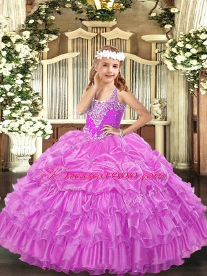 Lilac Sleeveless Beading and Ruffled Layers and Pick Ups Floor Length Little Girls Pageant Dress Wholesale