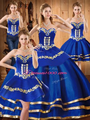 Sleeveless Satin and Tulle Floor Length Lace Up Vestidos de Quinceanera in Blue with Embroidery