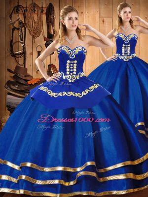 Sleeveless Satin and Tulle Floor Length Lace Up Vestidos de Quinceanera in Blue with Embroidery