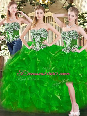 Comfortable Green Sleeveless Beading and Ruffles Floor Length Sweet 16 Dress