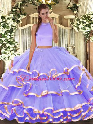 Smart Lavender Sleeveless Beading and Ruffled Layers Floor Length Ball Gown Prom Dress