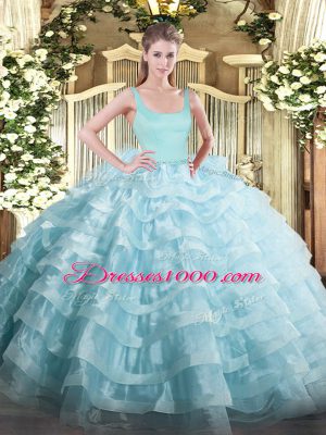 Noble Ball Gowns Quinceanera Dress Light Blue Straps Organza Sleeveless Floor Length Zipper