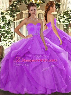 Noble Lilac Lace Up Sweetheart Beading and Ruffles Vestidos de Quinceanera Tulle Sleeveless