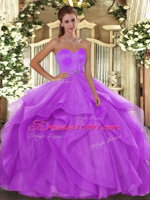 Noble Lilac Lace Up Sweetheart Beading and Ruffles Vestidos de Quinceanera Tulle Sleeveless