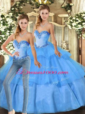 Sleeveless Floor Length Beading and Ruffled Layers Lace Up Sweet 16 Dress with Baby Blue