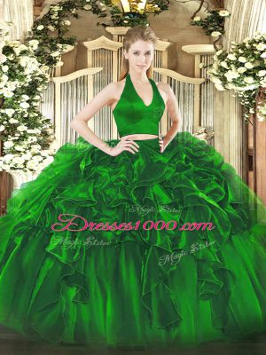 Sleeveless Organza Floor Length Zipper Sweet 16 Dress in Green with Ruffles