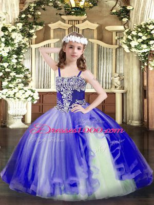 New Arrival Blue Tulle Lace Up Straps Sleeveless Floor Length Kids Pageant Dress Appliques