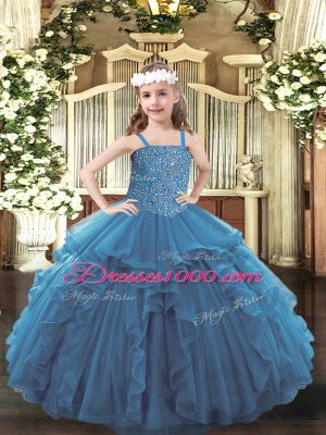 Dazzling Tulle Straps Sleeveless Lace Up Beading and Ruffles High School Pageant Dress in Teal