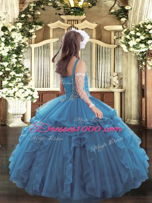 Dazzling Tulle Straps Sleeveless Lace Up Beading and Ruffles High School Pageant Dress in Teal