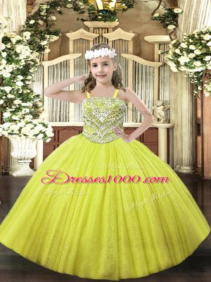 Ball Gowns Child Pageant Dress Yellow Straps Tulle Sleeveless Floor Length Lace Up