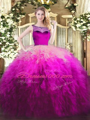 Sleeveless Floor Length Beading and Ruffles Zipper Sweet 16 Dress with Fuchsia