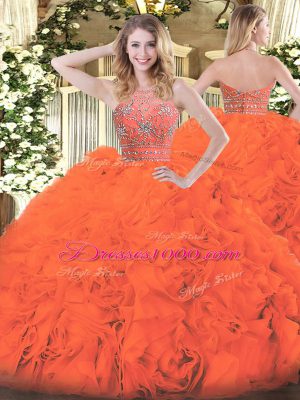 Inexpensive Floor Length Orange Red Quinceanera Gowns Tulle Sleeveless Beading and Ruffles