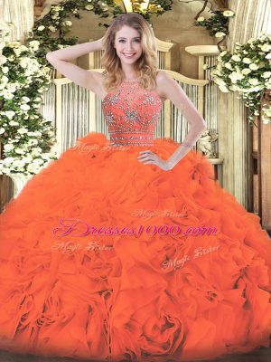 Inexpensive Floor Length Orange Red Quinceanera Gowns Tulle Sleeveless Beading and Ruffles