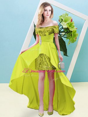 Graceful High Low Yellow Evening Dress Off The Shoulder Short Sleeves Lace Up