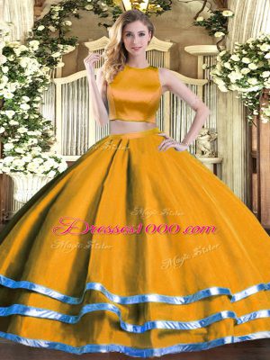 Admirable Orange Two Pieces High-neck Sleeveless Tulle Floor Length Criss Cross Ruching Sweet 16 Quinceanera Dress