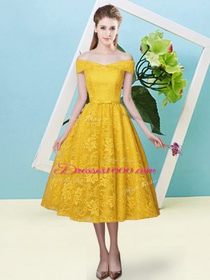 Decent Tea Length Lace Up Dama Dress Gold for Prom and Party and Wedding Party with Bowknot
