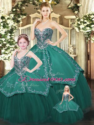 Dark Green Sleeveless Embroidery Floor Length Sweet 16 Dress