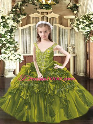 Enchanting Organza V-neck Sleeveless Lace Up Beading and Ruffles Pageant Dresses in Olive Green
