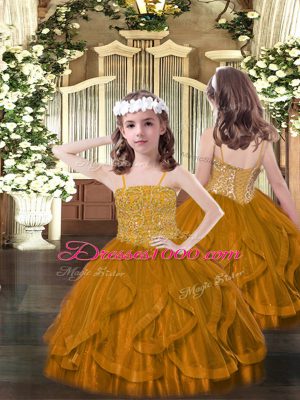 New Arrival Brown Ball Gowns Beading and Ruffles Pageant Gowns For Girls Lace Up Tulle Sleeveless Floor Length