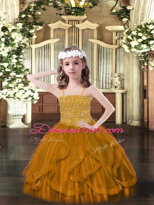 New Arrival Brown Ball Gowns Beading and Ruffles Pageant Gowns For Girls Lace Up Tulle Sleeveless Floor Length