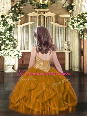 New Arrival Brown Ball Gowns Beading and Ruffles Pageant Gowns For Girls Lace Up Tulle Sleeveless Floor Length