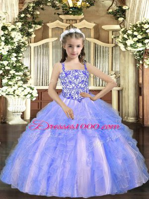 Unique Tulle Straps Sleeveless Lace Up Beading and Ruffles Winning Pageant Gowns in Light Blue
