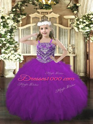 Custom Designed Ball Gowns Pageant Gowns For Girls Purple Straps Tulle Sleeveless Floor Length Lace Up
