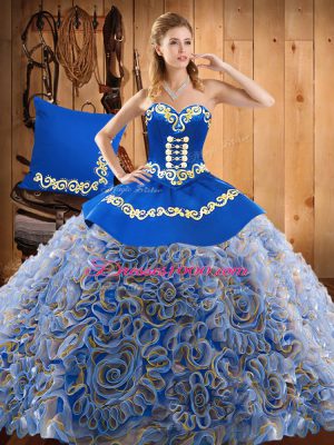 Pretty Multi-color Satin and Fabric With Rolling Flowers Lace Up Quinceanera Dress Sleeveless With Train Sweep Train Embroidery