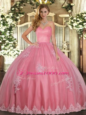 Beading and Appliques 15 Quinceanera Dress Watermelon Red Lace Up Sleeveless Floor Length