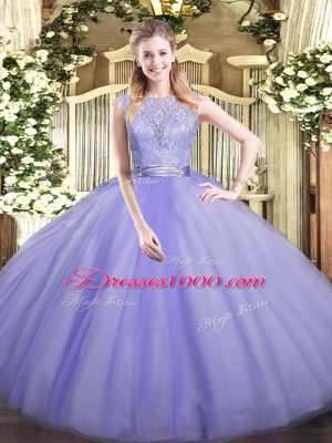 Best Lavender Tulle Backless Quinceanera Dresses Sleeveless Floor Length Lace