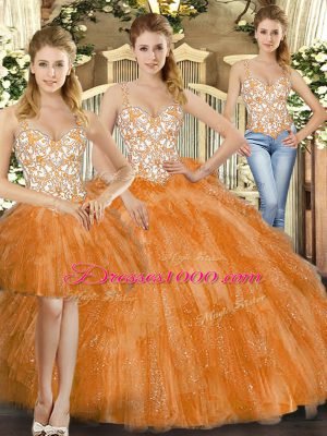 Top Selling Organza Straps Sleeveless Lace Up Beading and Ruffles Ball Gown Prom Dress in Orange Red