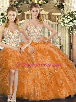 Top Selling Organza Straps Sleeveless Lace Up Beading and Ruffles Ball Gown Prom Dress in Orange Red