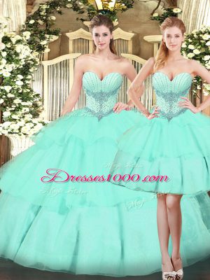 Apple Green Sleeveless Beading and Ruffled Layers Floor Length Vestidos de Quinceanera