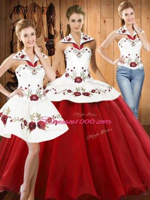 Top Selling Wine Red Quince Ball Gowns Military Ball and Sweet 16 and Quinceanera with Embroidery Halter Top Sleeveless Lace Up
