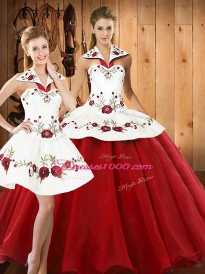 Top Selling Wine Red Quince Ball Gowns Military Ball and Sweet 16 and Quinceanera with Embroidery Halter Top Sleeveless Lace Up